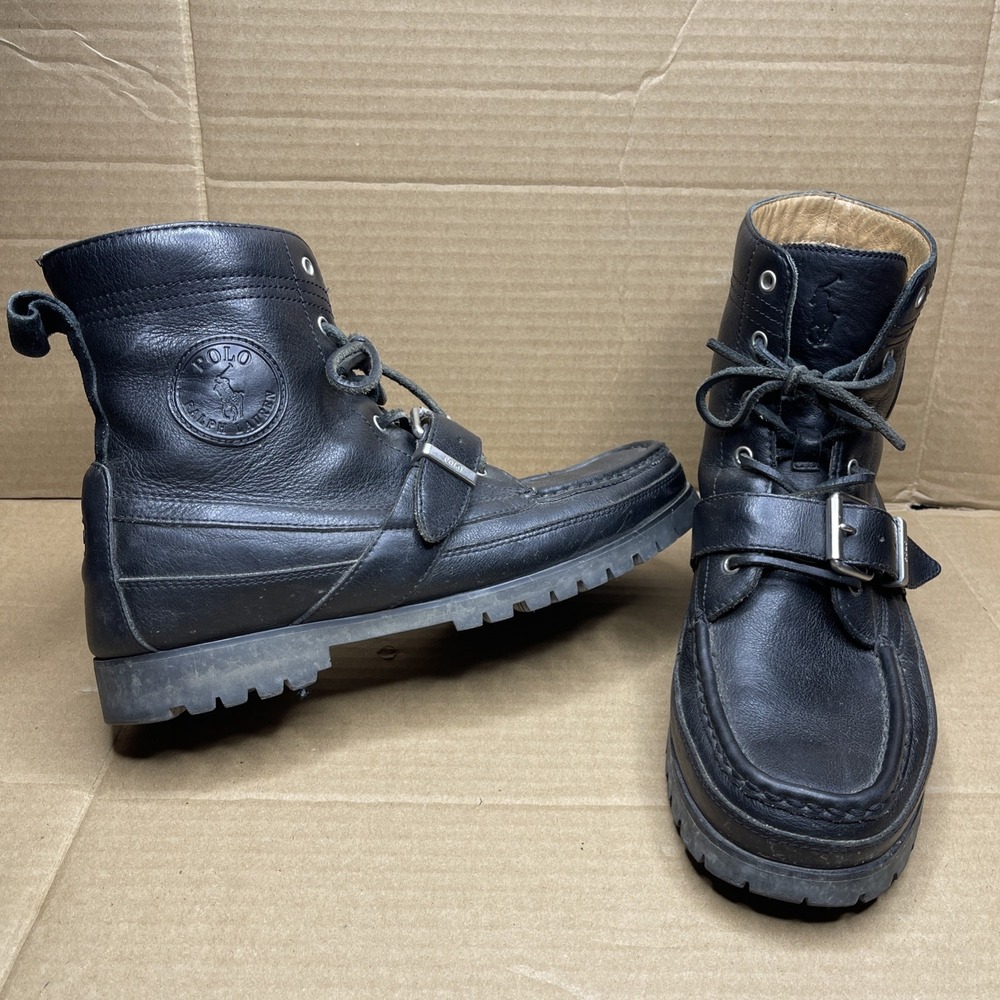 Polo Country Ralph Lauren Ranger Boots Black Leather Moc Toe Mens US 10 Buckle